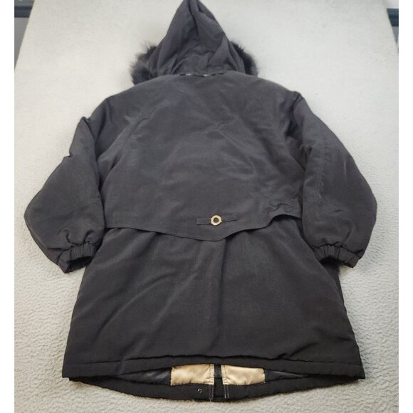 Women's Black Parka Jacket Large Faux Fur Lined Hood Gold Trim Preppy Cozy Layer - Picture 2 of 11